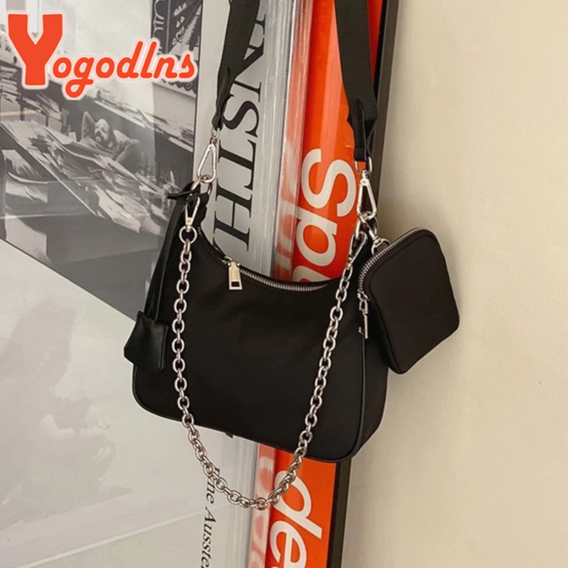 2023 New Nylon Three-in-One Bag Combination Shoulder Crossbody Bag Underarm Bag Chain Small Satchel Women's Casual Nylon Cloth S