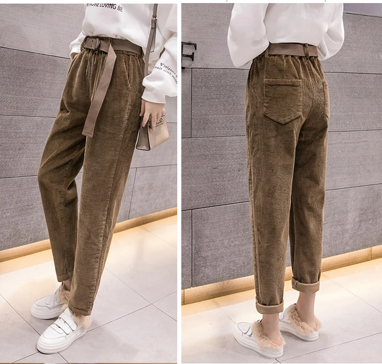 Новые женские повседневные весенне-осенние вельветовые длинные брюки Harajuku, однотонные хлопковые льняные брюки с эластичной резинкой на талии, штаны-шаровары длиной до щиколотки
