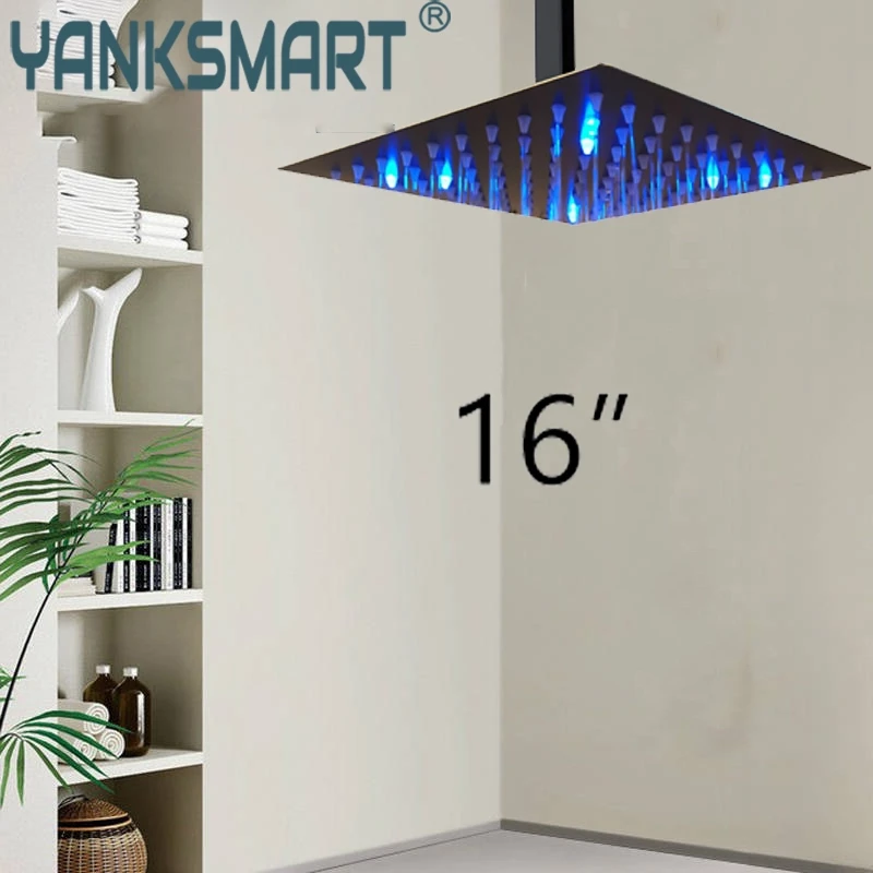 

Лейка для душа с дождевой насадкой, светодиодный светильник, топ для душа, лейка из латуни с 16-дюймовым матовым черным Orb, квадратная головка