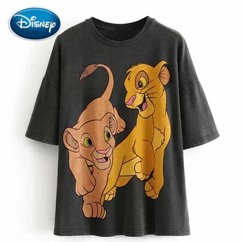 

Disney Stylish The Lion King King of the Jungle Cartoon Print Women T-Shirt O-Neck Pullover Short Sleeve Casual Two Lion Tee Top