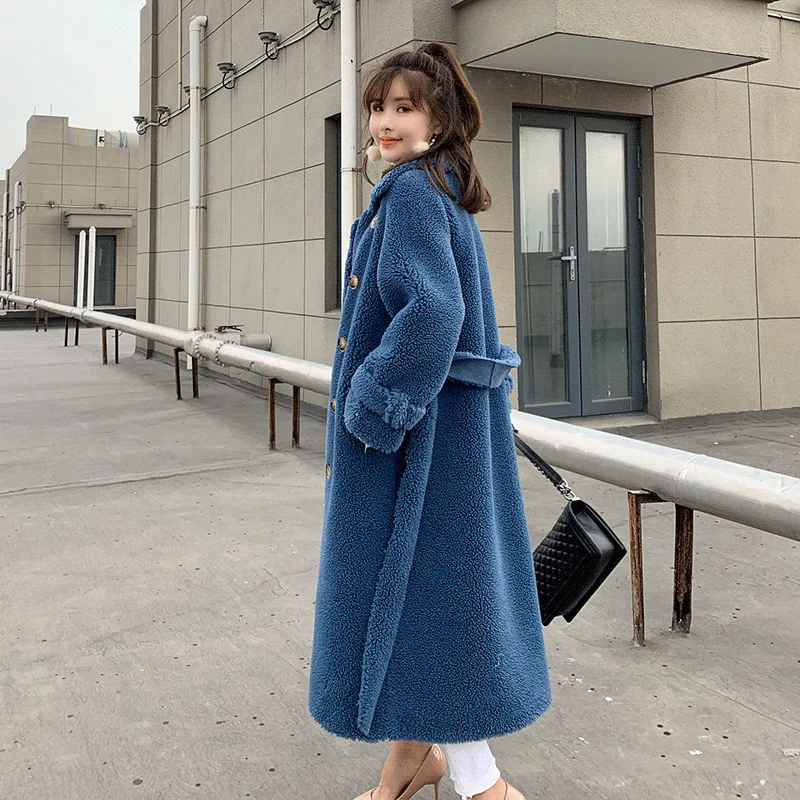 dark blue Зимняя новая женская оторочка из овечьей шерсти, куртка, верхняя одежда, Женская Натуральная овечья шерсть, свободная уличная длинная куртка K293 - Цвет: dark blue