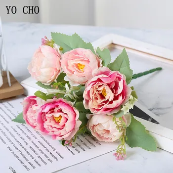 YO CHO 6 Heads Pink Silk Peony Artificial Flowers Fake Peony Flower Bride Bouquet Home Wedding Decor Scrapbooking Fabric Floral