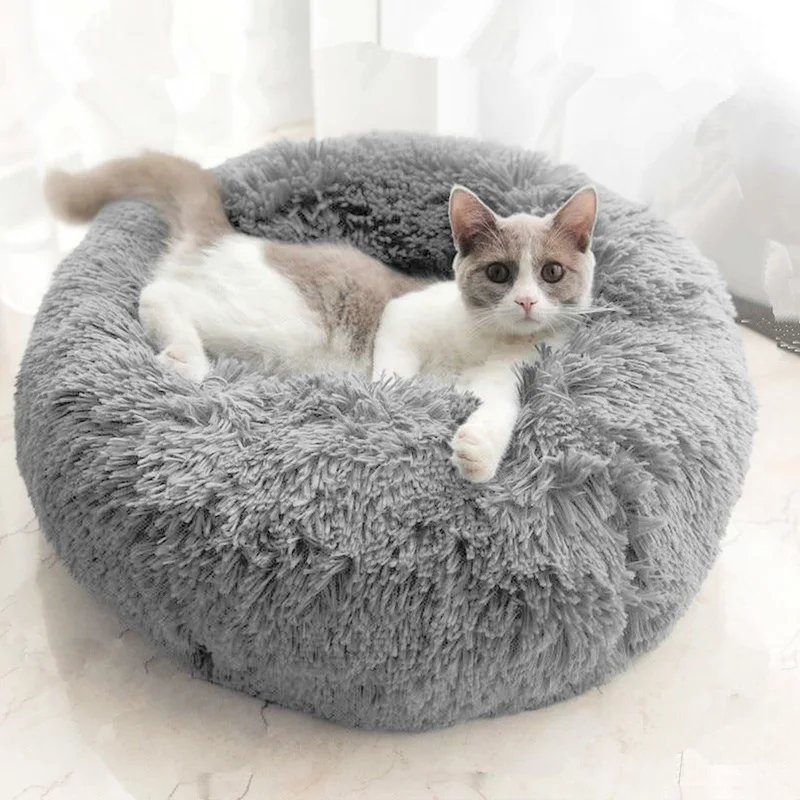 Super Soft Pet Cat Dog Bed Long Plush Round Cats Winter Warm Sleeping Mats Bag Puppy Cushion Mat Portable Cat Product 50/60/70cm