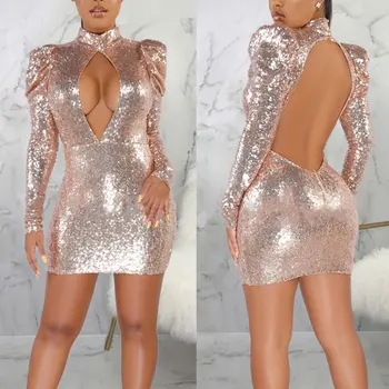 

Bikitique Round Neck Hollow Foam Sleeve Backless Sequin Mini Party Dress Women Nightclub Sexy Dress Vintage Plus Dress