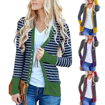 

Spring Autumn Casual Women Striped Button Front Knitwear Long Sleeve Cardigan