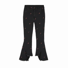 Женские осенние обтягивающие джинсы с высокой талией, расклешенные джинсы для женщин, черный принт Красное сердце с вышивкой, эластичные джинсовые брюки с бахромой для женщин