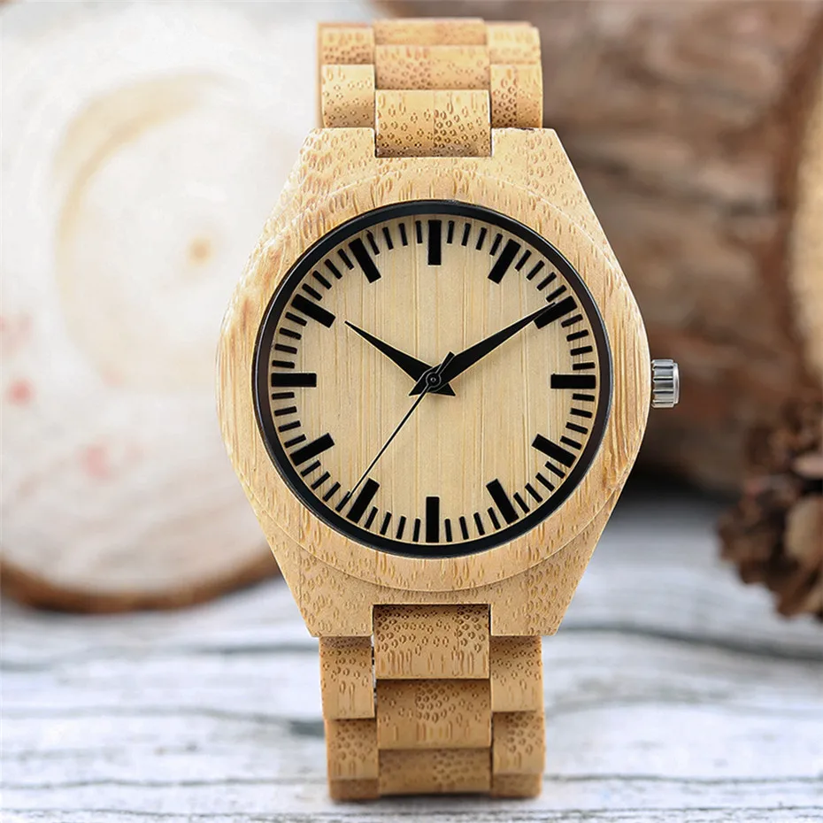 

reloj masculino Bamboo Wood Men Watches Quartz Movement Simple Round Dial Luxury Natural Wooden Casual Timepiece Folding Clasp
