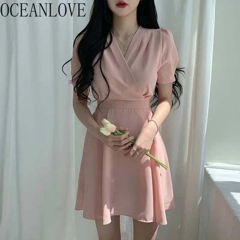 

OCEANLOVE Ins Chiffon Vestidos Solid Elegant Korean Fashion V Neck High Waist Dresses Women High Waist Fashion Dress Women 15204