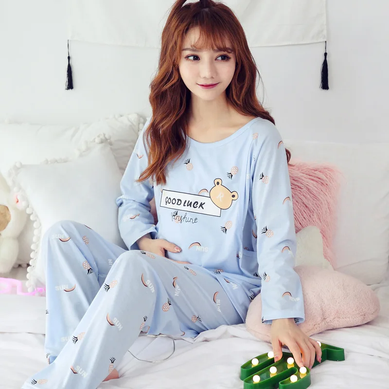 

Confinement Clothing Pure Cotton Long Sleeve Thin Spring Summer Pregnant Women Nursing Pajamas Loose And Plus-sized Nursing Preg