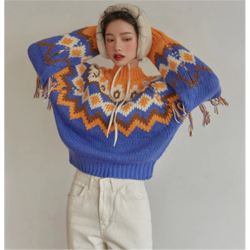 Women Hit Color Tassel Knit Sweater Fall Winter Loose Half High Collar Warm Pullovers Female Fashion Colorful Jumpers2020