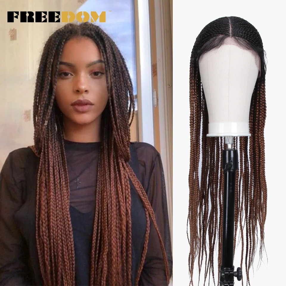 FREEDOM Synthetic Lace Front Braided Wigs For Black Women 13X7 Free Part Long Ombre Brown Ponytail Crochet Hair Braids Wig