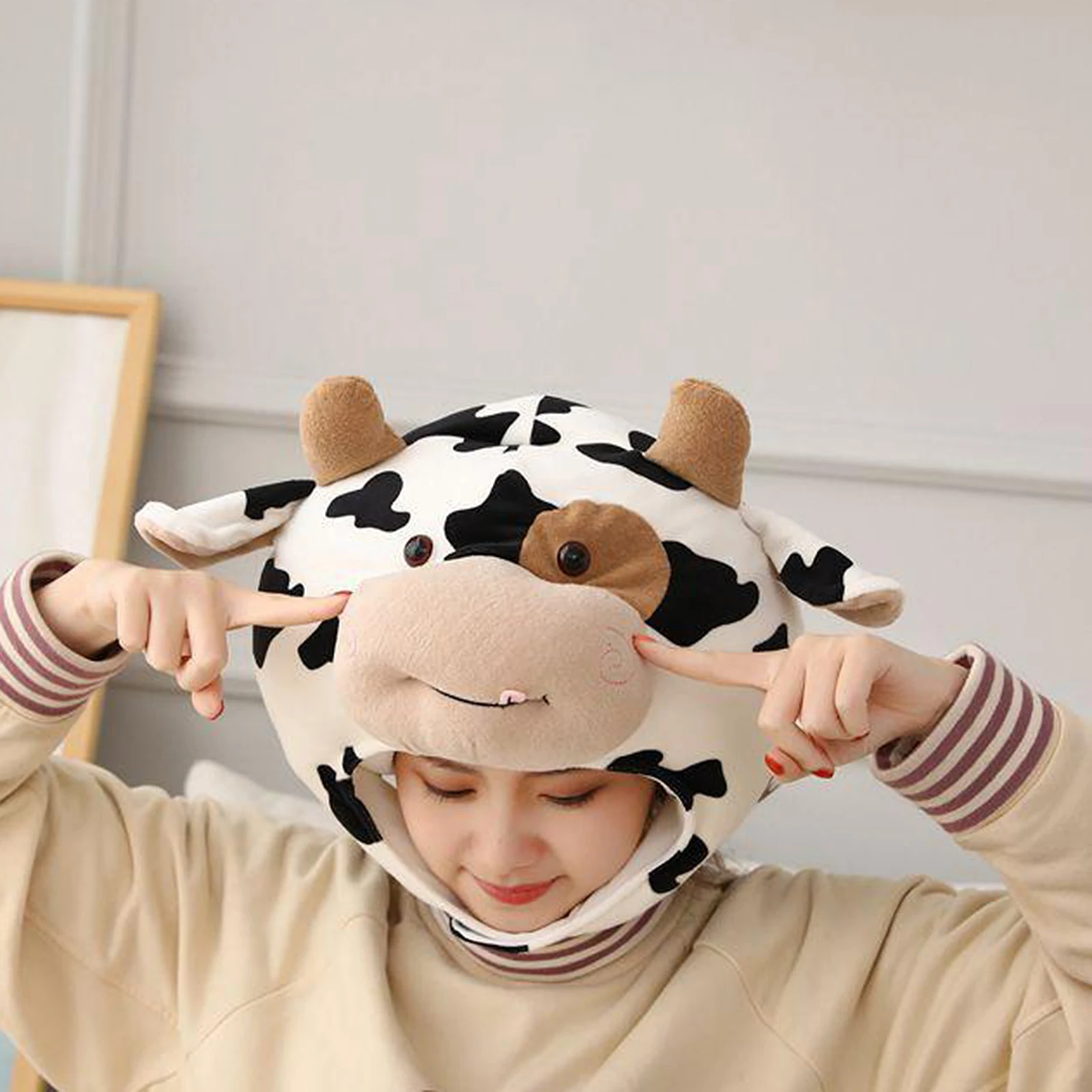 Cow Hat Plush Toy Cute Girls Winter Hat Head Warmer Photo Supplies Props Headdress