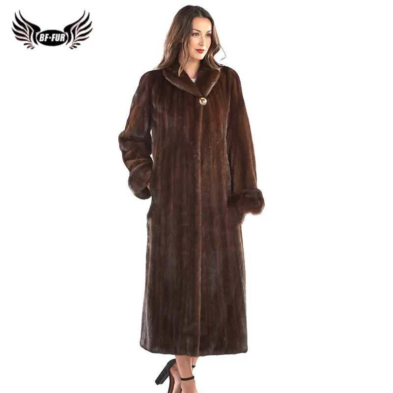

BFFUR Winter Fashion Real Mink Fur Coat With Lapel Collar 120cm Long Natural Full Pelt Genuine Mink Fur Jackets Outwear Luxury