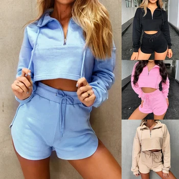 

Casual Summer Work Out Women Two Piece Set Solid Zipper Front Long Sleeve Crop Tops & Drawstring Shorts Set Suits