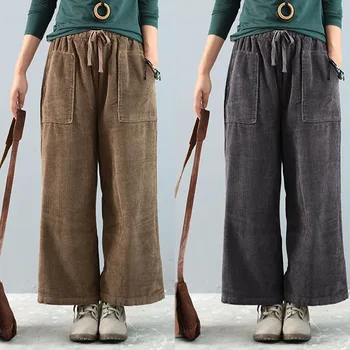 

ZANZEA Fashion Corduroy Wide Leg Pants Autumn Casual Loose Flare Pants Women Elastic Waist Solid Long Trousers Baggy Pantalon