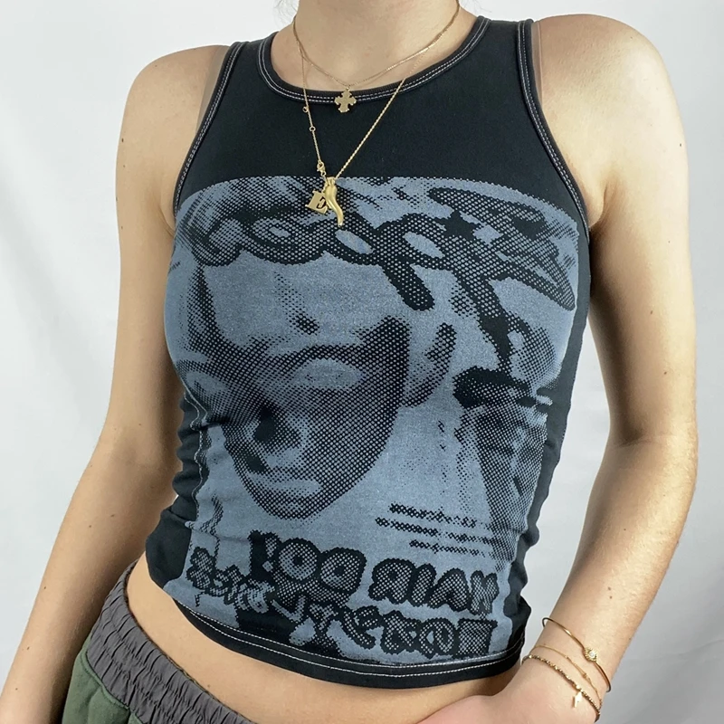 Gothic Emo Vintage Sleeveless Tank Top Face Graphic Printed Sweat Vest Y2K Aesthetic Harajuku Streetwear Women Slim Fit Crop | Женская