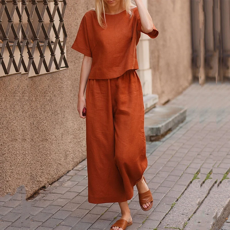 womens pant suit set 2021 Summer New Casual Women Two Piece Sets Cotton Linen O-Neck Tops And Straight Pants Outfits Fashion Solid Ladies Streetwear pink sweat suits