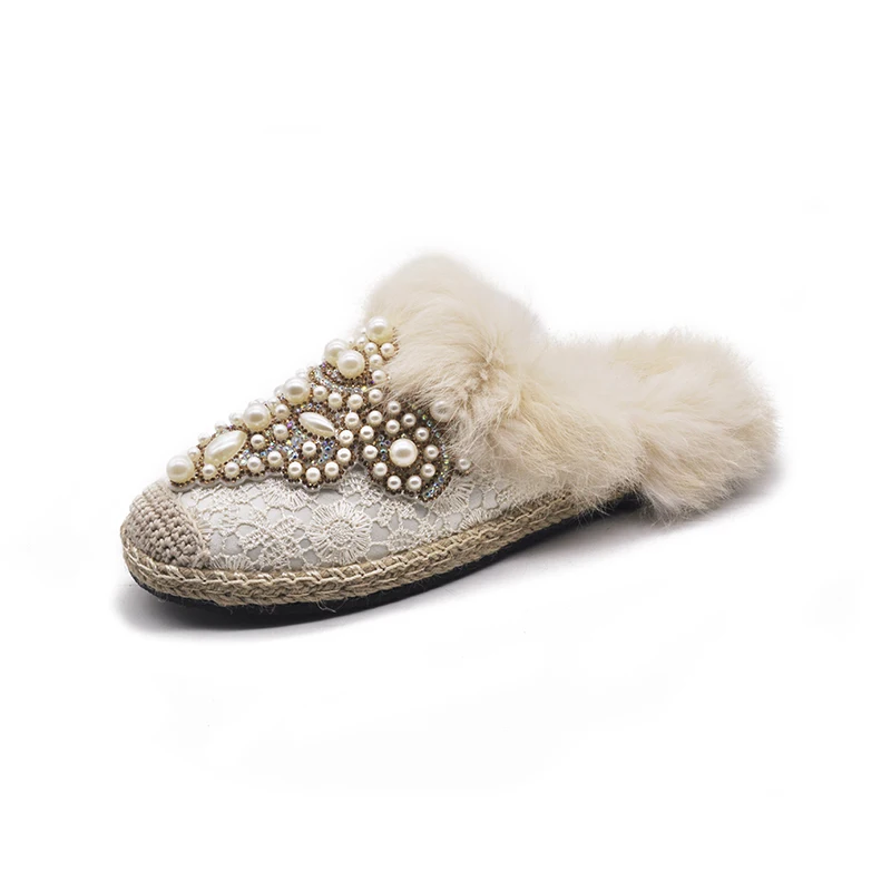 slipper beige Брендовые дизайнерские г. Зимние Роскошные женские туфли из мягкой кроличьей шерсти с жемчужинами лоферы на меху без застежки - Цвет: slipper beige