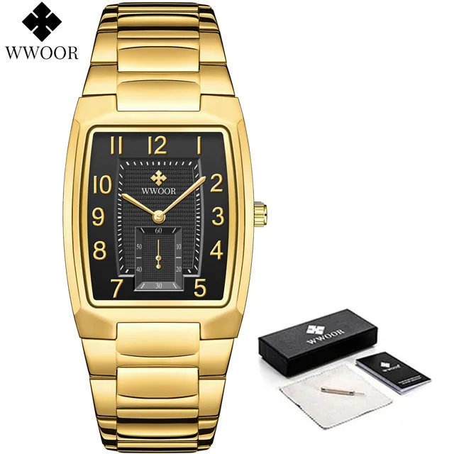 WWOOR Top Brand Luxury Fashion Stop Watches Mens 30ATM Waterproof Square Clock Casual Watch Mens Quartz Wrist Watch Reloj Hombre Gold black box