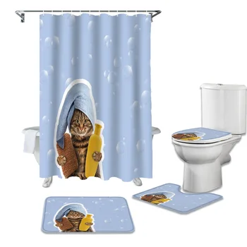 

Bath Cat Bubbles Shower Curtains Set Bath Mat Set Toilet Cover Waterproof Bathroom Shower Curtain and Rug Sets
