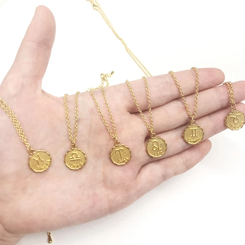 Carved Coin Pendant  Women Jewelry Twelve Constellations Long Chain Necklace 