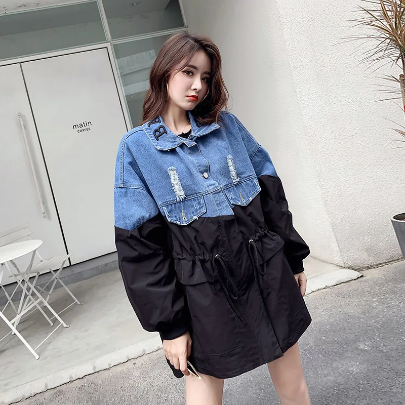 

Photo Shoot Joint Mock Two-Piece Jeans Coat 2019 New Style Ozhouzhan Stand Collar Lettered Loose-Fit Trench Coat