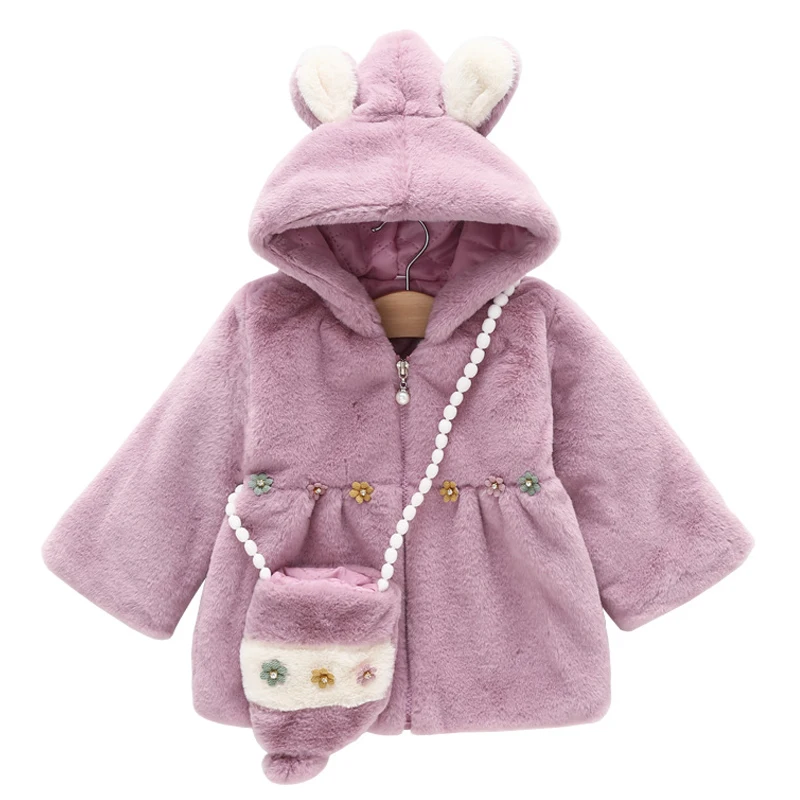 

Girls Coats Children Overcoat Winter 2023 New Flower Thickened Imitation Fur Coat and Bag Casual Hooded Warm for Girl Clothing