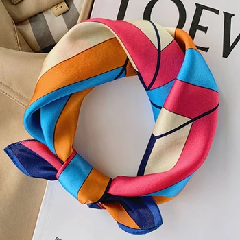 

Luna&Dolphin Small Square Scarves 53x53 100% Real Silk Orange Blue Geometry Bandanas Headbands Scarf Kerchief