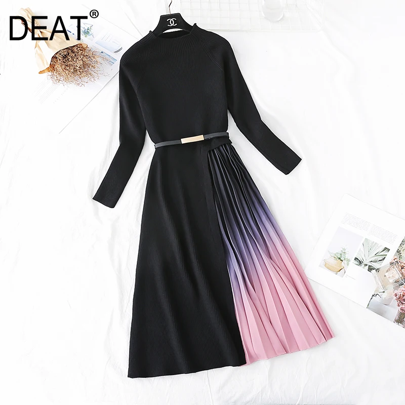 

DEAT 2020 new spring fashion women clothes Knitting Dress round neck full sleeves knits pullover patchwork chiffon dress WK06705