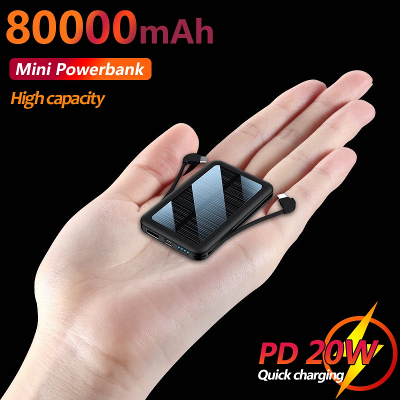 slim power bank 80000mAh Mini Solar Mobile Power Bank Portable Fast Charging External Battery Comes with 2 Charging Cables LED Lighting charmast