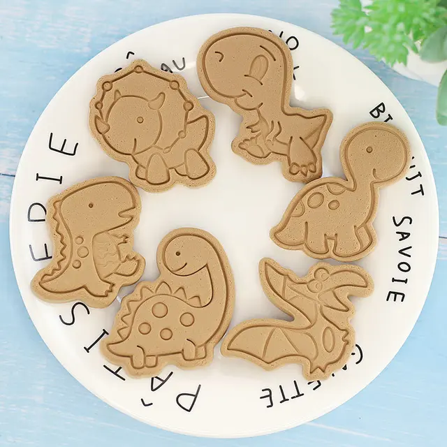 6Pcs/set Dinosaur Shape Cookie Cutters Plastic 3D Cartoon Pressable Biscuit Mold Cookie Stamp Kitchen Baking Pastry Bakeware 2