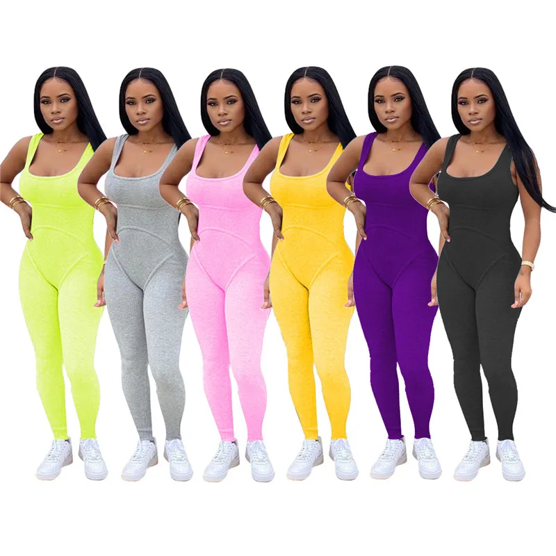 2021 Women Solid Ribbed Knitting Tank Jumpsuit O Neck Sleeveless Slim Romper Casual Active Overall Fitness Gym Workout Jumper women elegant jumpsuit solid color contrast lace embroidery v neck sleeveless tank high waist skinny jumpsuit casual daily work