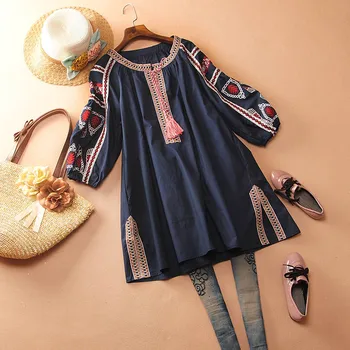 

Chinese-Style Shirts Women Embroidered Summer New 2020 Wild Cotton Ladies Blouses and Tops Three-Quarter Sleeve Women Clothing