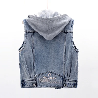 Smlinan Hooded Sleevless Denim Waistcoat Coat Women Spring Autumn Single Breasted Casual Vintage Streetwear Jacket Vest Female