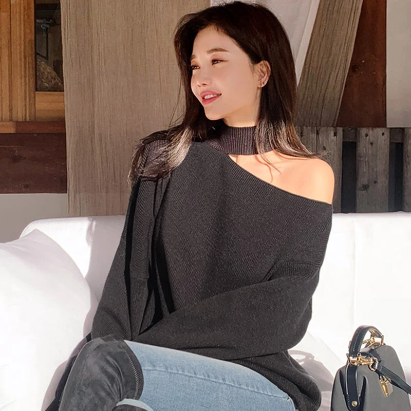 Oversized Knitted Sweater Women Halter Turtleneck Knitt Winter Jumper Korean Pullover Cold Shoulder Clothes Loose Outerwear V966
