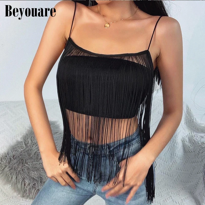 

Beyouare Tassel Sexy Cami Backless Spaghetti Strap Top Women Summer Sleeveless Party Club Elegant Camisole Lady Vintage Top 2020