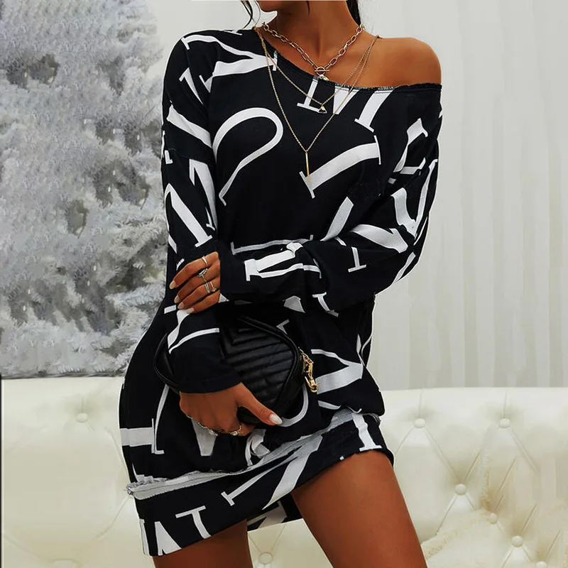 Women's Dresses Letter Print Pullover Off Shoulder Dress Long Sleeve Casual Elegant Casual Office Lady Sexy Party Mini Dress wedding dresses Dresses