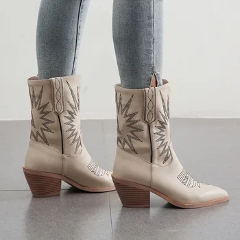 

OLOMLB Womens Pointy Toe Embroidery Carved Ankle Boots Ankle Boots Chelsea Chunky Heel Shoes Warm Winter PU Leather Plus Size