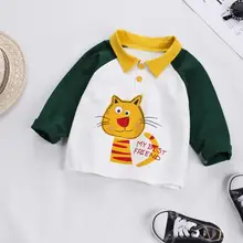 Милые повседневные хлопковые футболки с принтом кота для маленьких детей; осенний удобный пуловер с длинными рукавами и отложным воротником на пуговицах