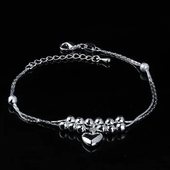 

925 Silver Heart Anklet Simple Temperament Double Beaded Anklet, Suitable for Ladies anklets for women charm bijoux femme 2019
