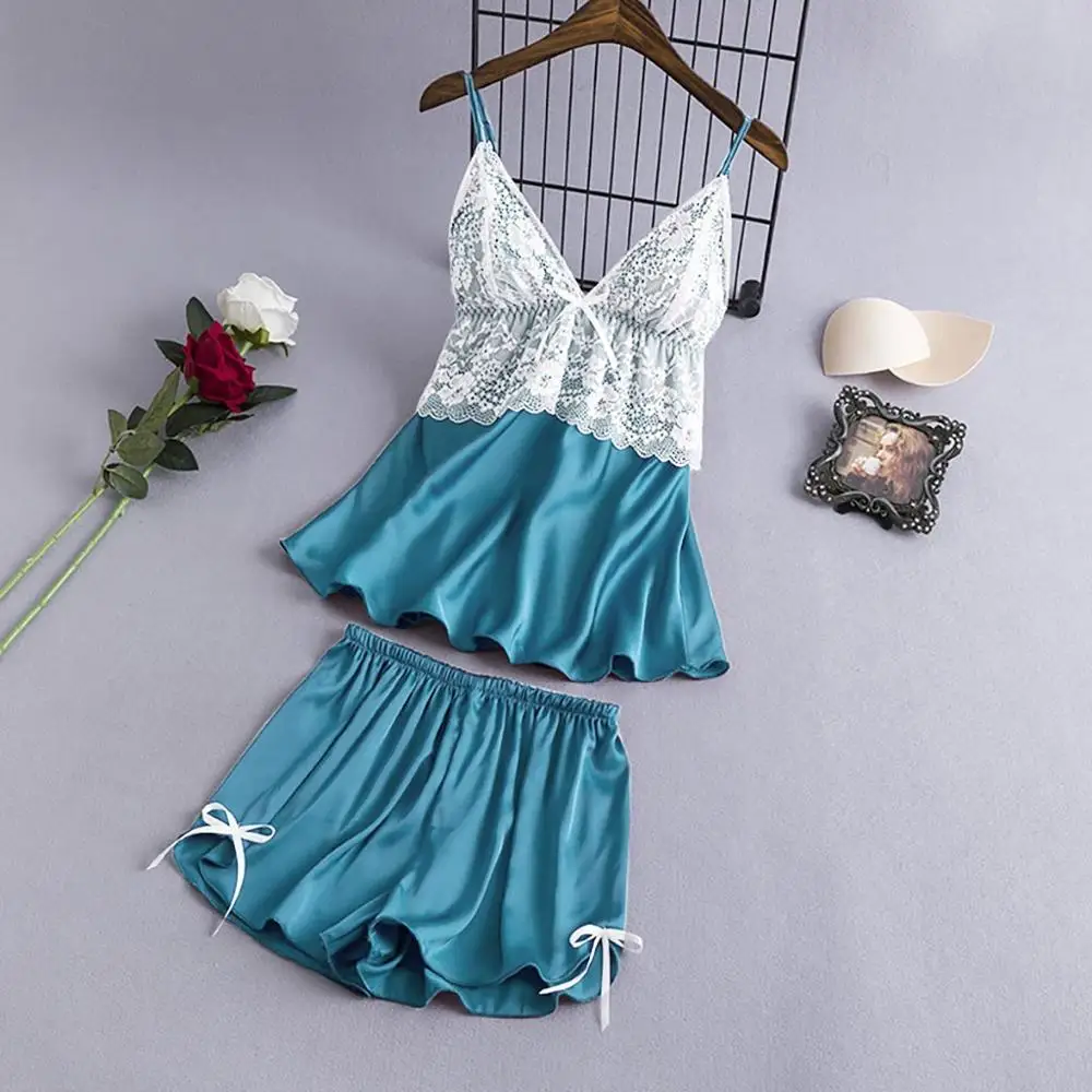Light Blue Топ сексуальное женское белье с v-образным вырезом пижамы для женщин с принтом в виде сердца Пижама Дамская кружевная атласная пижама с бантом нижнее белье-шорты Прямая поставка - Цвет: Light Blue