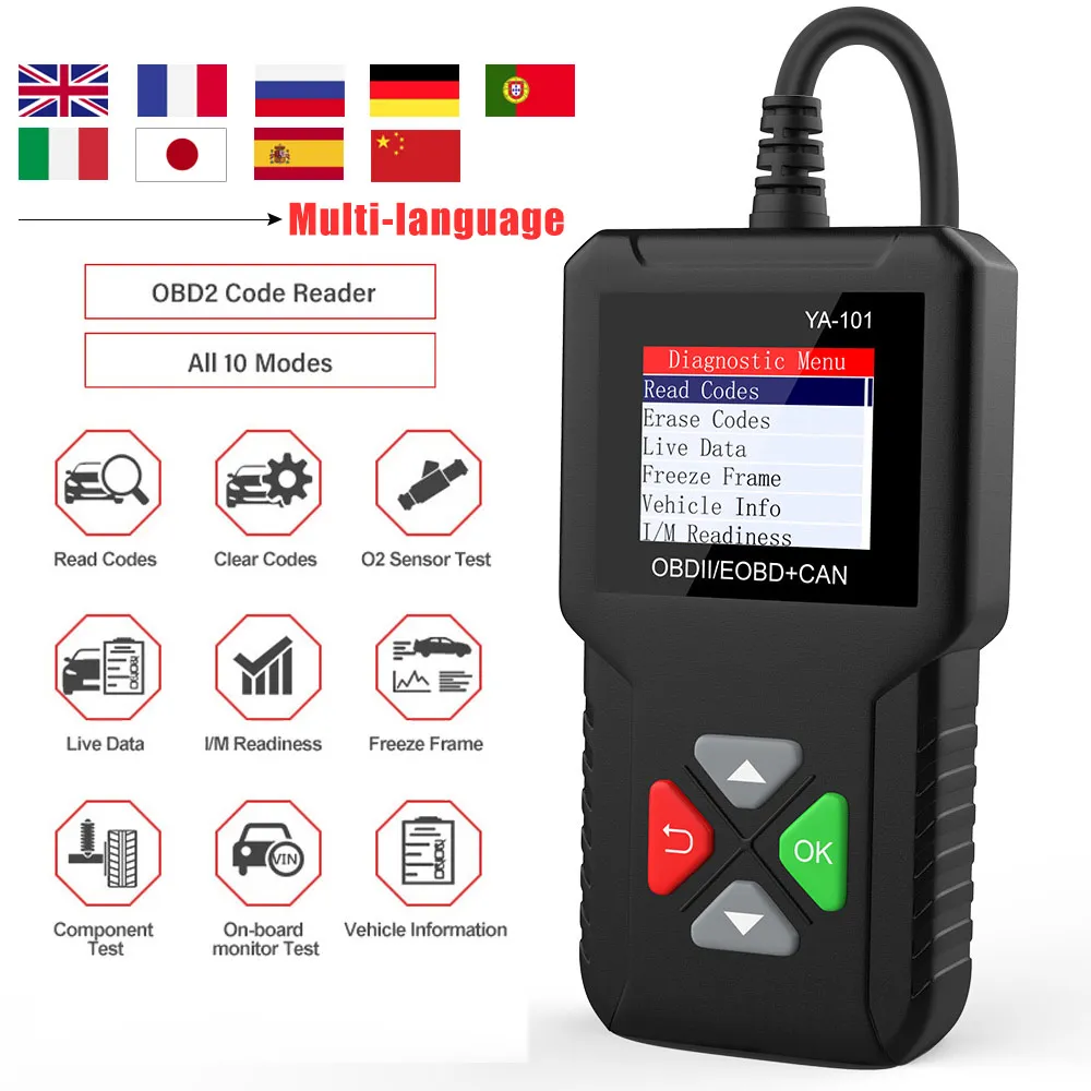 Автомобильный сканер YA101 Obd2 многоязычный Профессиональный считыватель кодов OBD 2