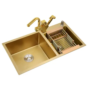 

3 Sizes 3mm Thickness Gold Double-bowl Stainless Steel Kitchen Sink Nano-coating Vegetable Washing Sink and Accessories