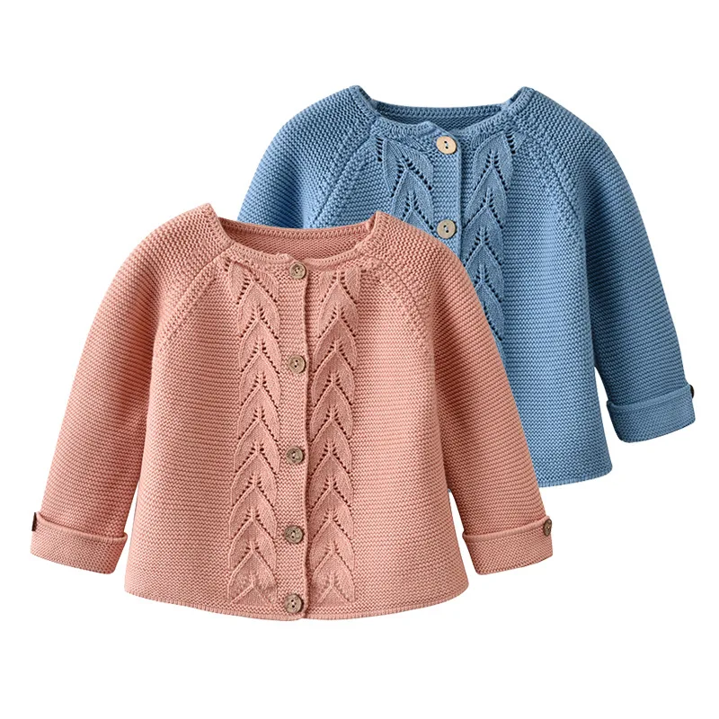 

2019 Autumn New Style CHILDREN'S Cardigan Solid Color Long Sleeve Cotton Thread Sweater Korean-style Leaf Crochet Baby GIRL'S Sw