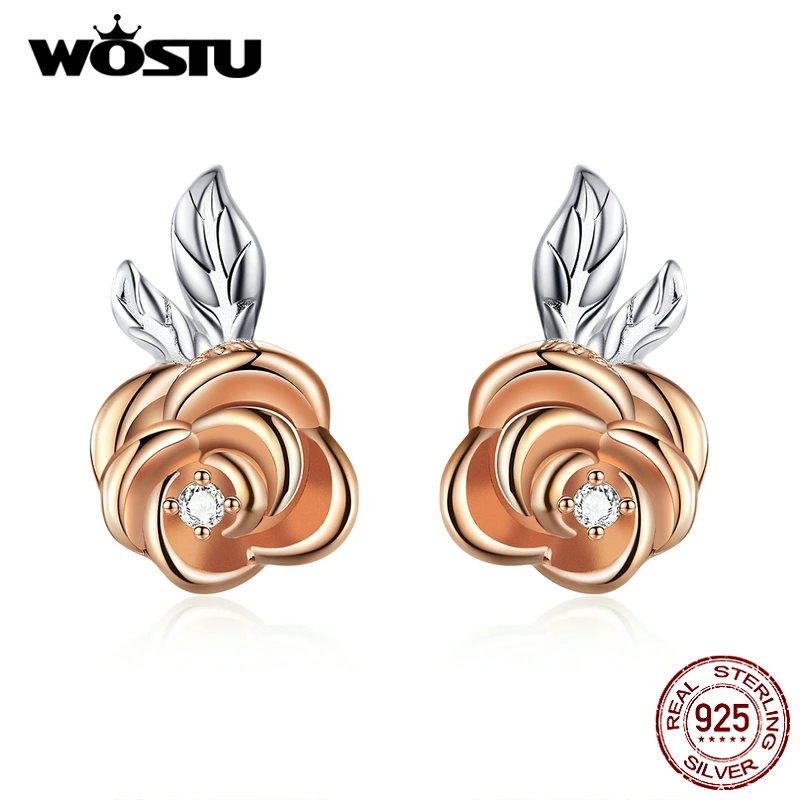 WOSTU, стильный, настоящий 925 пробы, серебро, розовое золото, цветок, серьги-гвоздики для женщин, свадебные серьги, 925, ювелирное изделие, подарок CTE327