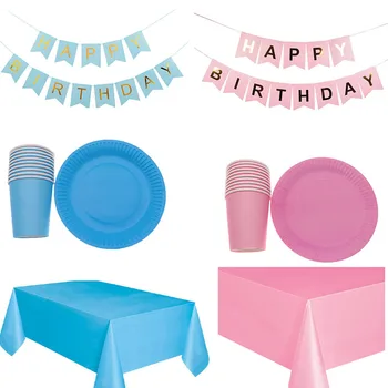 

Blue Pink Plate cup Straw Solid Color Tablecloth Birthday Party Home Decoration Disposable Tableware Baby Shower Party Supplies