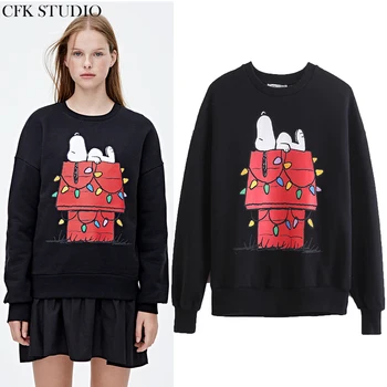 

ZA Women Hoodies 2020 New Fashion Cute Cartoon Print Long Sleeve Cotton Sweatershirt Ladies Spring Black Oversize Hoodie Top