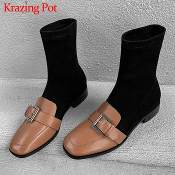 

Krazing Pot British mixed colors cow leather flock square toe med heels belt buckle winter warm women leisure mid-calf boots L20