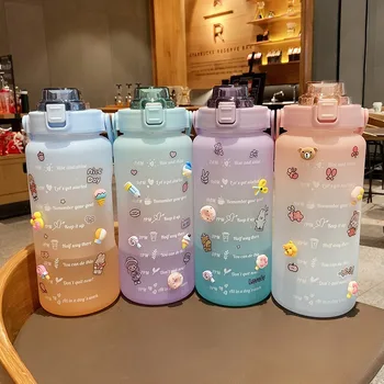 Alternative view of 2L Sports Straw Water Bottle With Stickers Portable Large Capacity Fitness Bike Cup Summer Ice Cold Water Jug With Time Marker