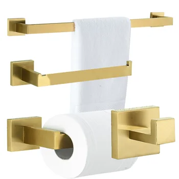 

Bathroom Hardware Set 4 Pieces Towel Hook Towel Ring Towel Holder Toilet Paper Holder Modern Brushed Gold Finished Square Design
